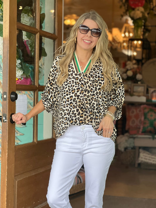Leopard with Green Stripe Detail Top
