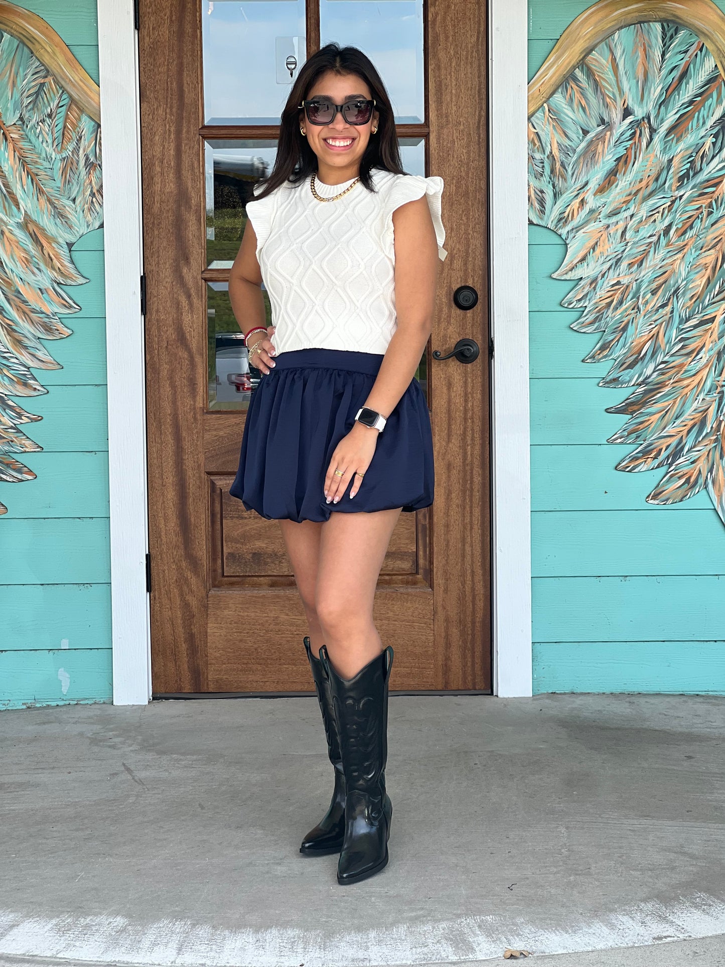 Off White Ruffled Sleeve Sweater Top