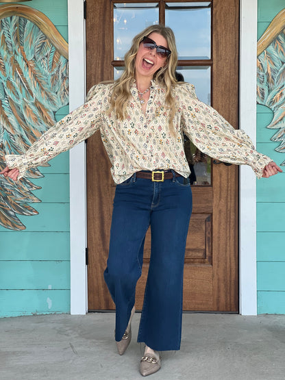Ecru Floral Print Long Sleeve Top