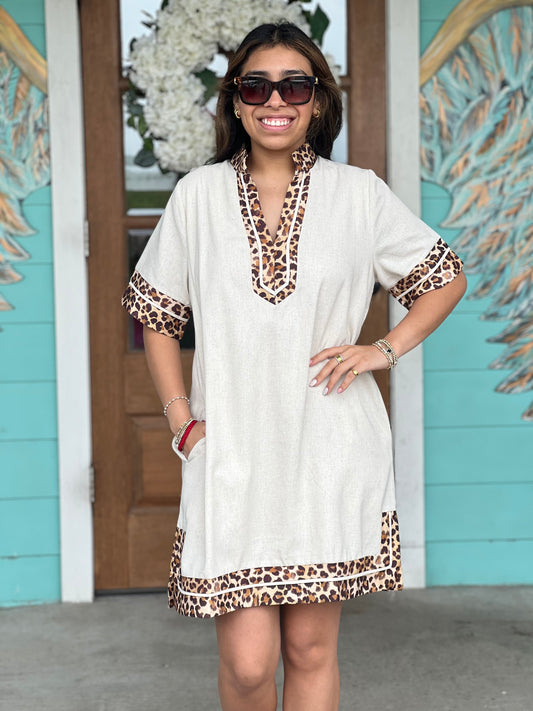 Oatmeal Leopard Trim Dress