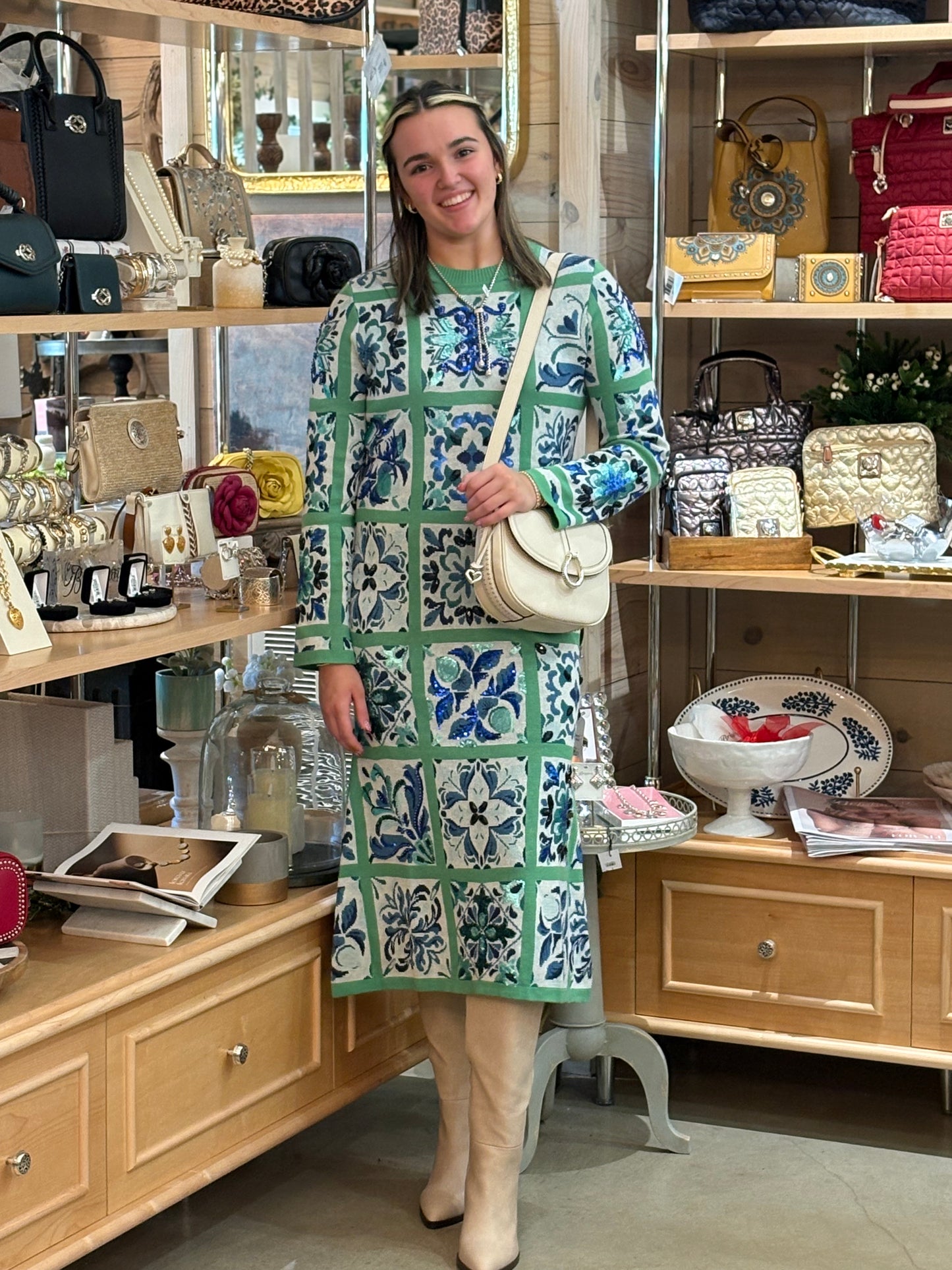 Queen of Sparkles Green & Blue Tile Midi Dress