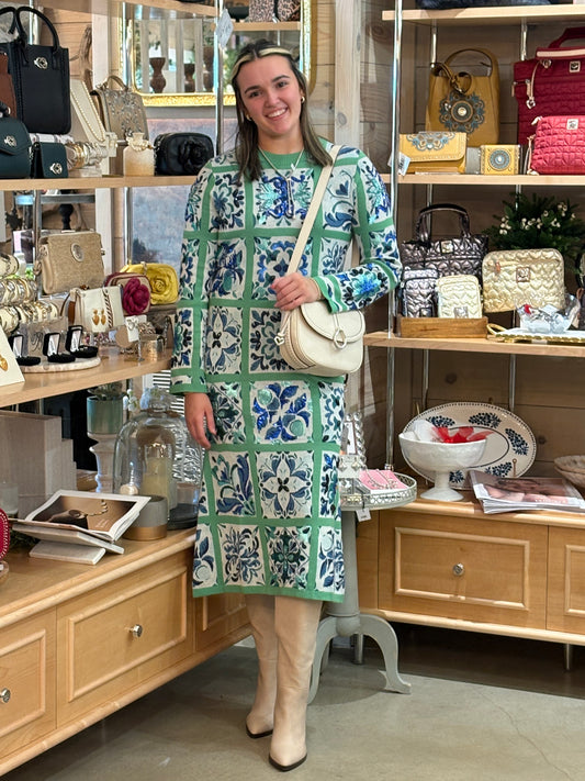 Queen of Sparkles Green & Blue Tile Midi Dress