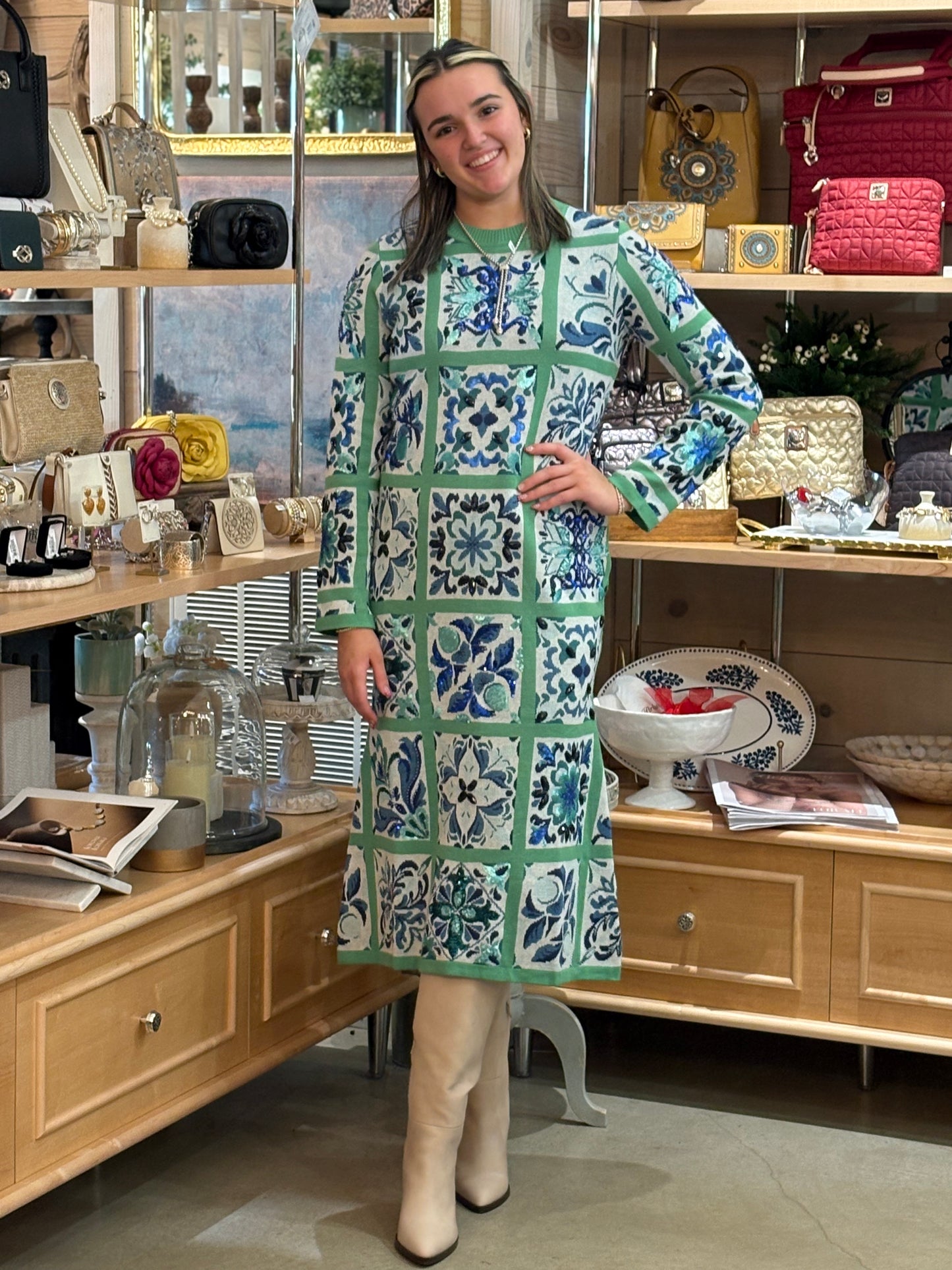 Queen of Sparkles Green & Blue Tile Midi Dress