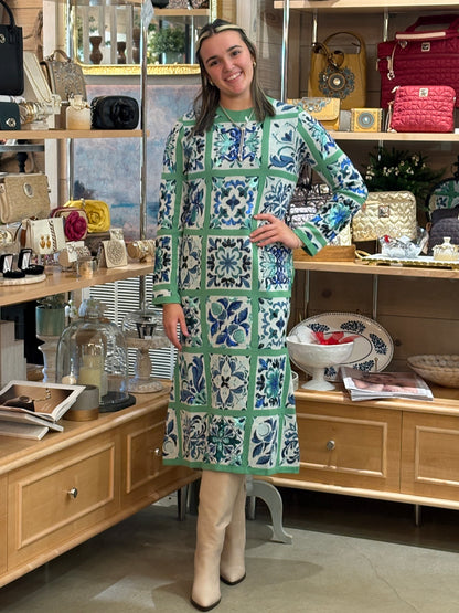 Queen of Sparkles Green & Blue Tile Midi Dress