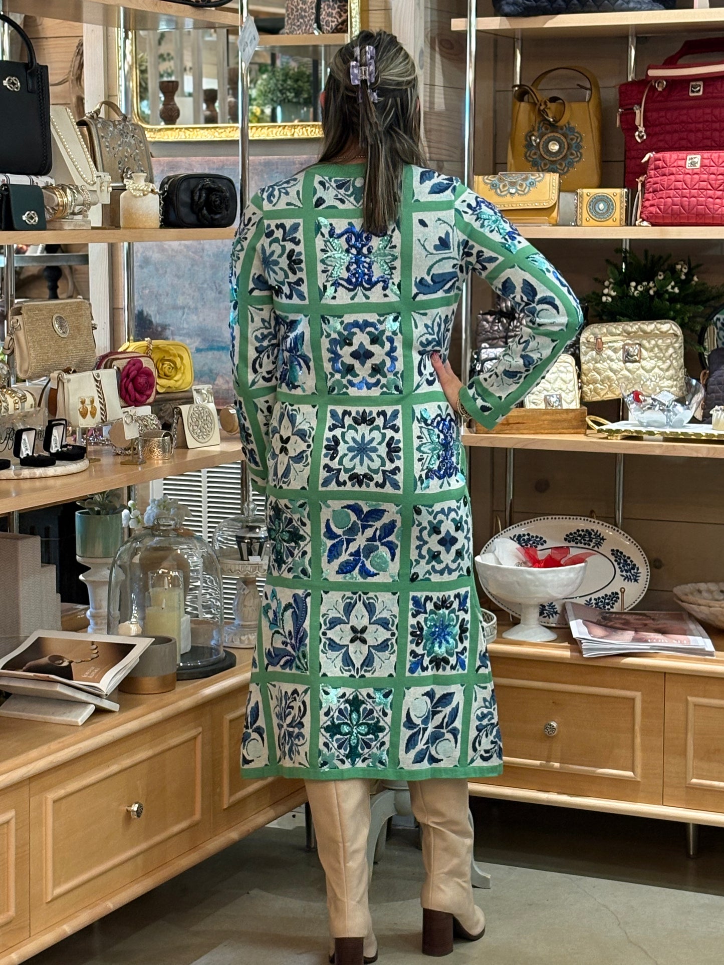 Queen of Sparkles Green & Blue Tile Midi Dress