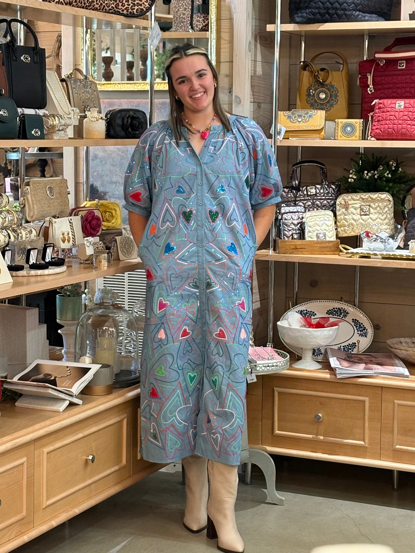 Queen of Sparkles Denim Groovy Heart Button Up Midi Dress