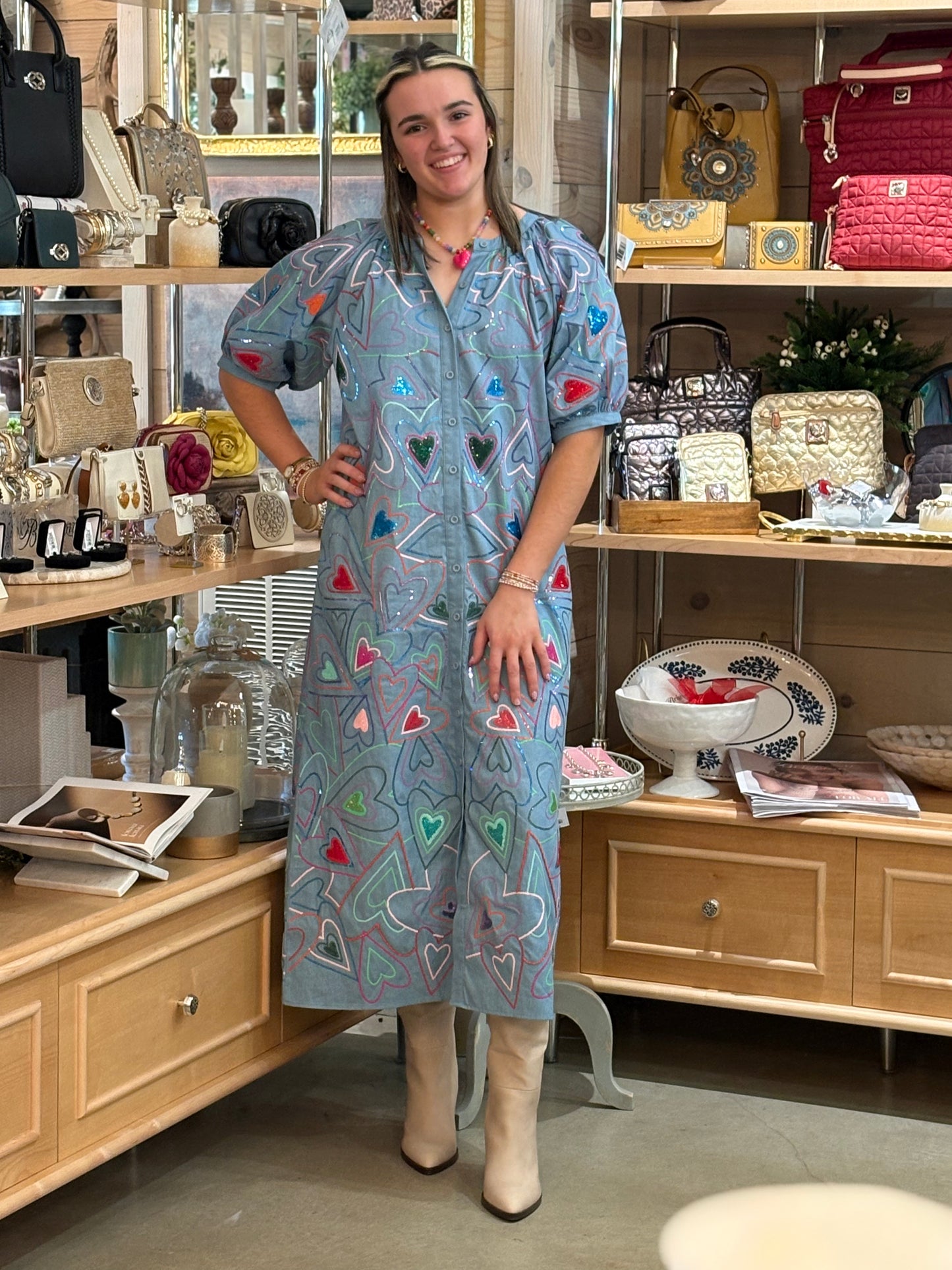 Queen of Sparkles Denim Groovy Heart Button Up Midi Dress
