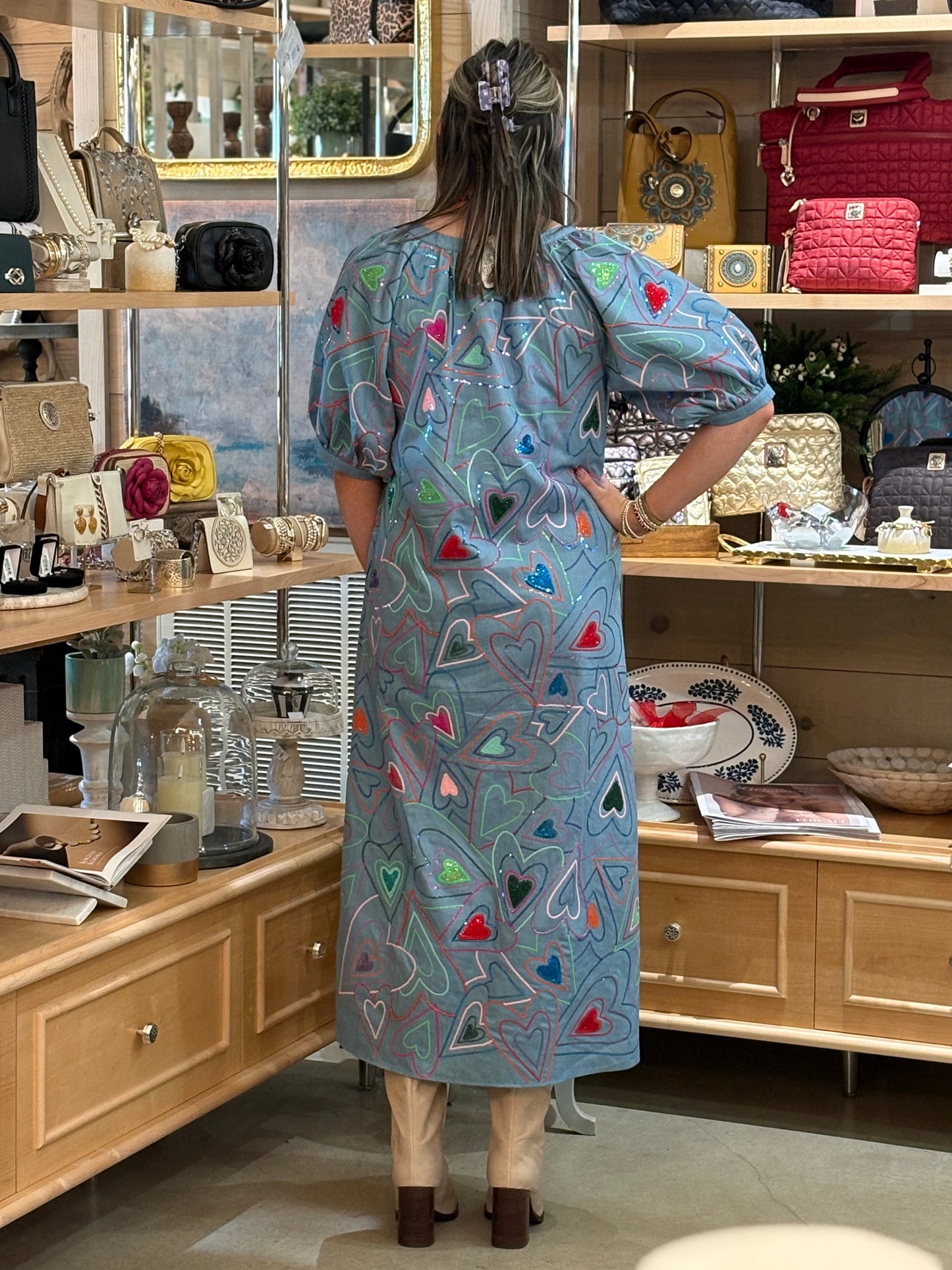 Queen of Sparkles Denim Groovy Heart Button Up Midi Dress