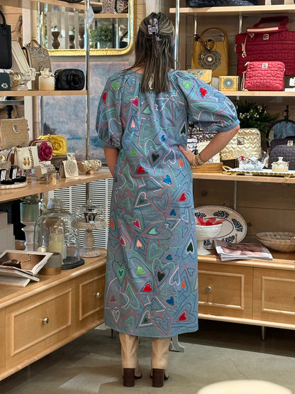 Queen of Sparkles Denim Groovy Heart Button Up Midi Dress