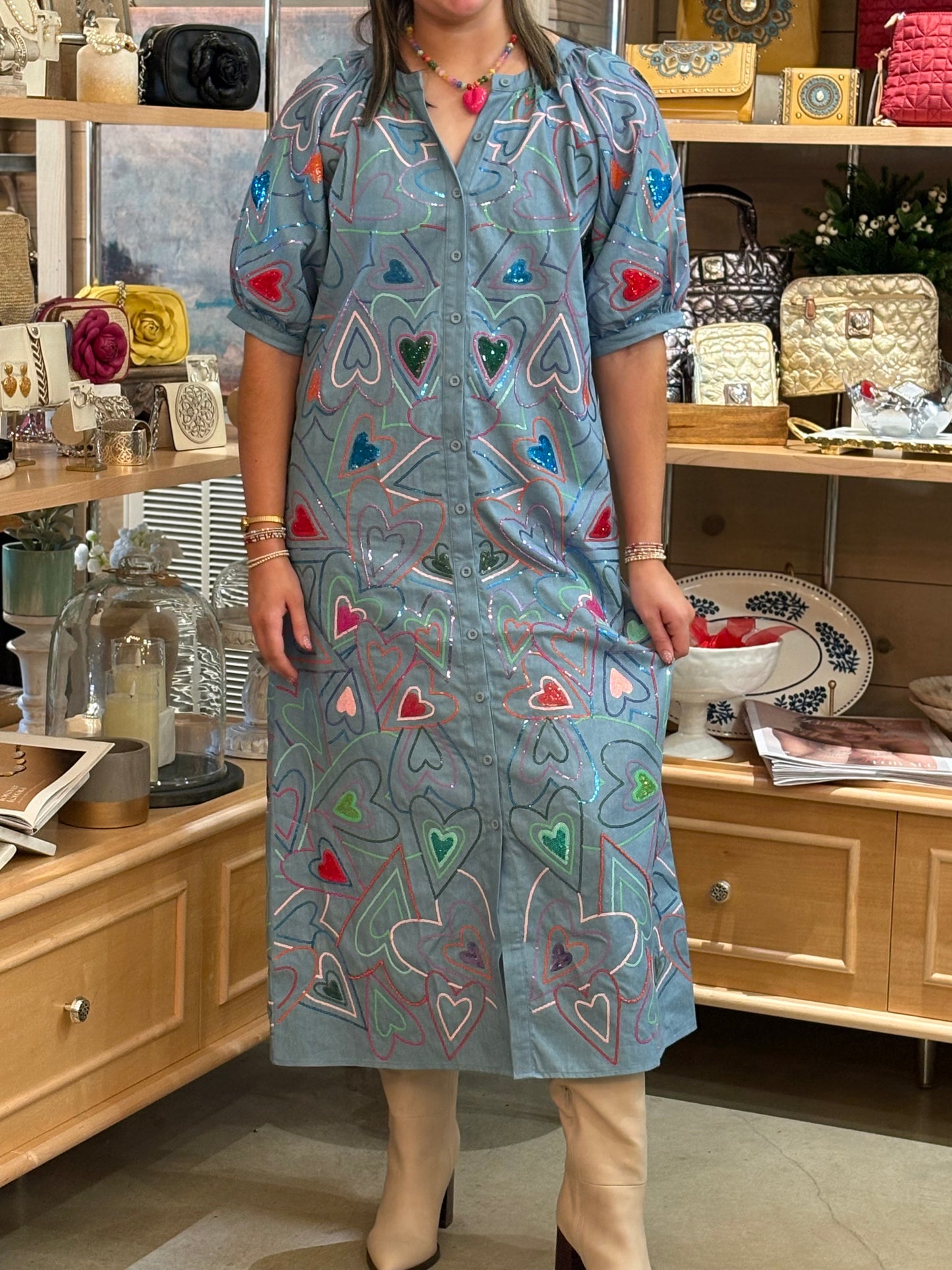 Queen of Sparkles Denim Groovy Heart Button Up Midi Dress