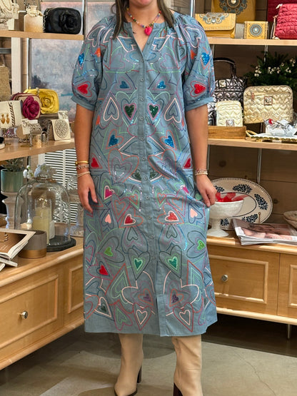 Queen of Sparkles Denim Groovy Heart Button Up Midi Dress