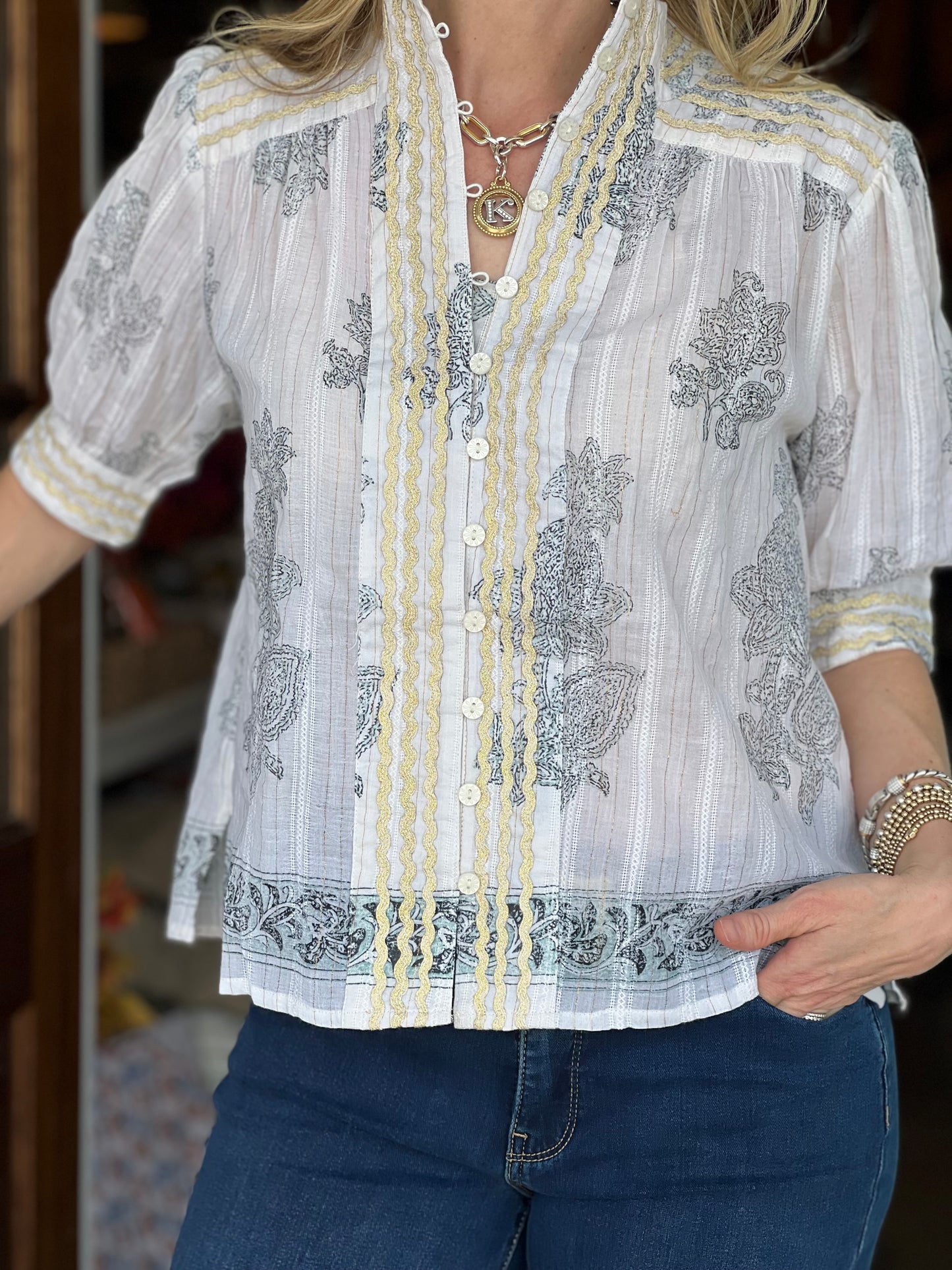 Ivy Jane Metallic Trim Paisley Top
