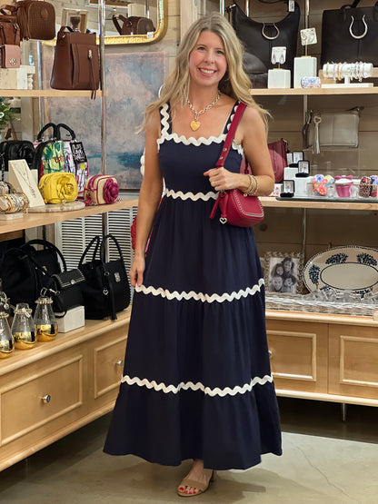Navy Ric Rac Contrast Trim Midi Dress