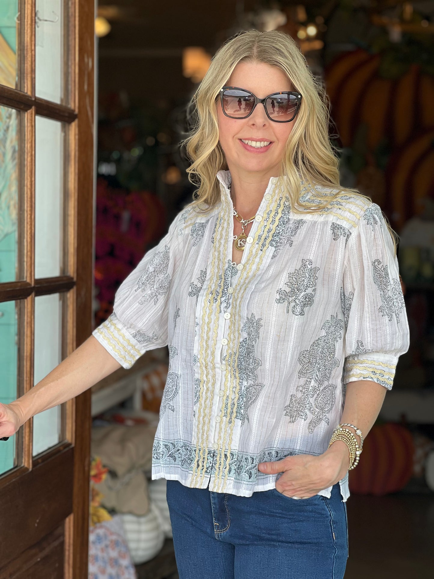 Ivy Jane Metallic Trim Paisley Top