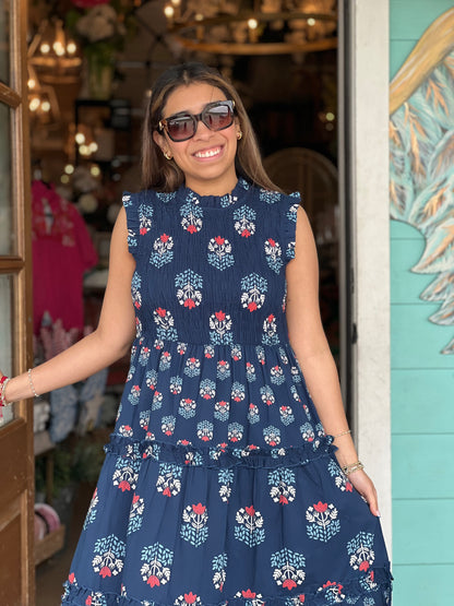 Navy Ward Smocked Midi Dress