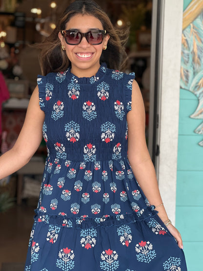 Navy Ward Smocked Midi Dress