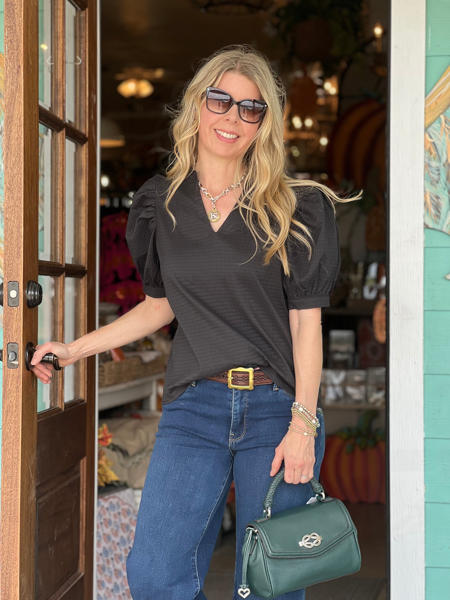 Black Ruffle V-Neck Puff Sleeve Top