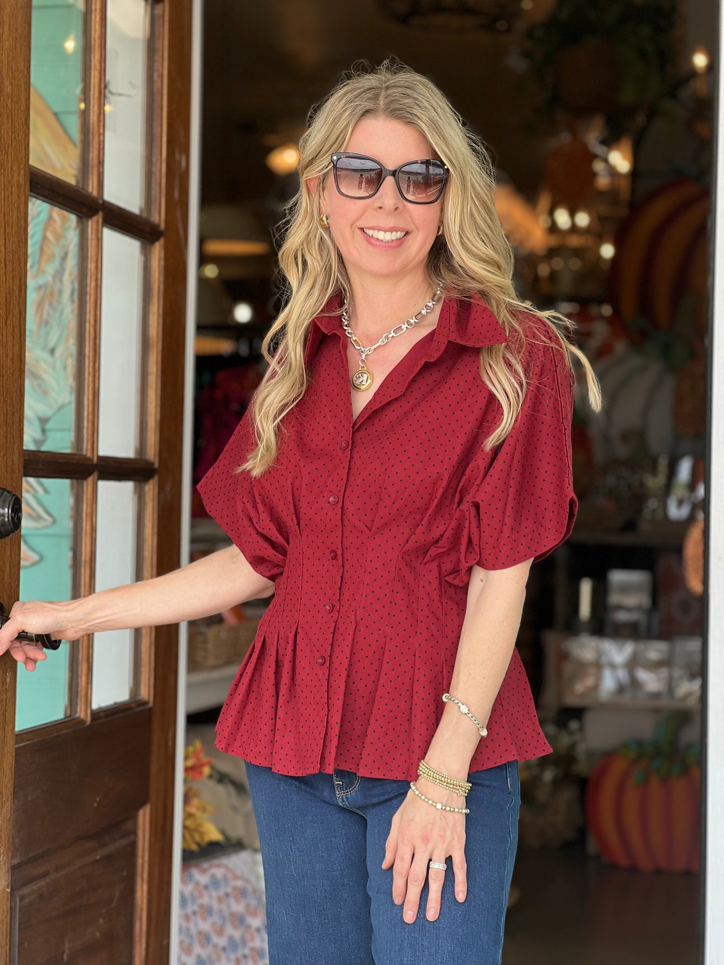 Burgundy & Black Polka Dot Pleat Top