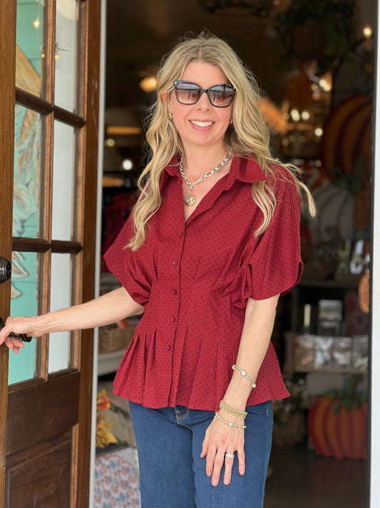 Burgundy & Black Polka Dot Pleat Top
