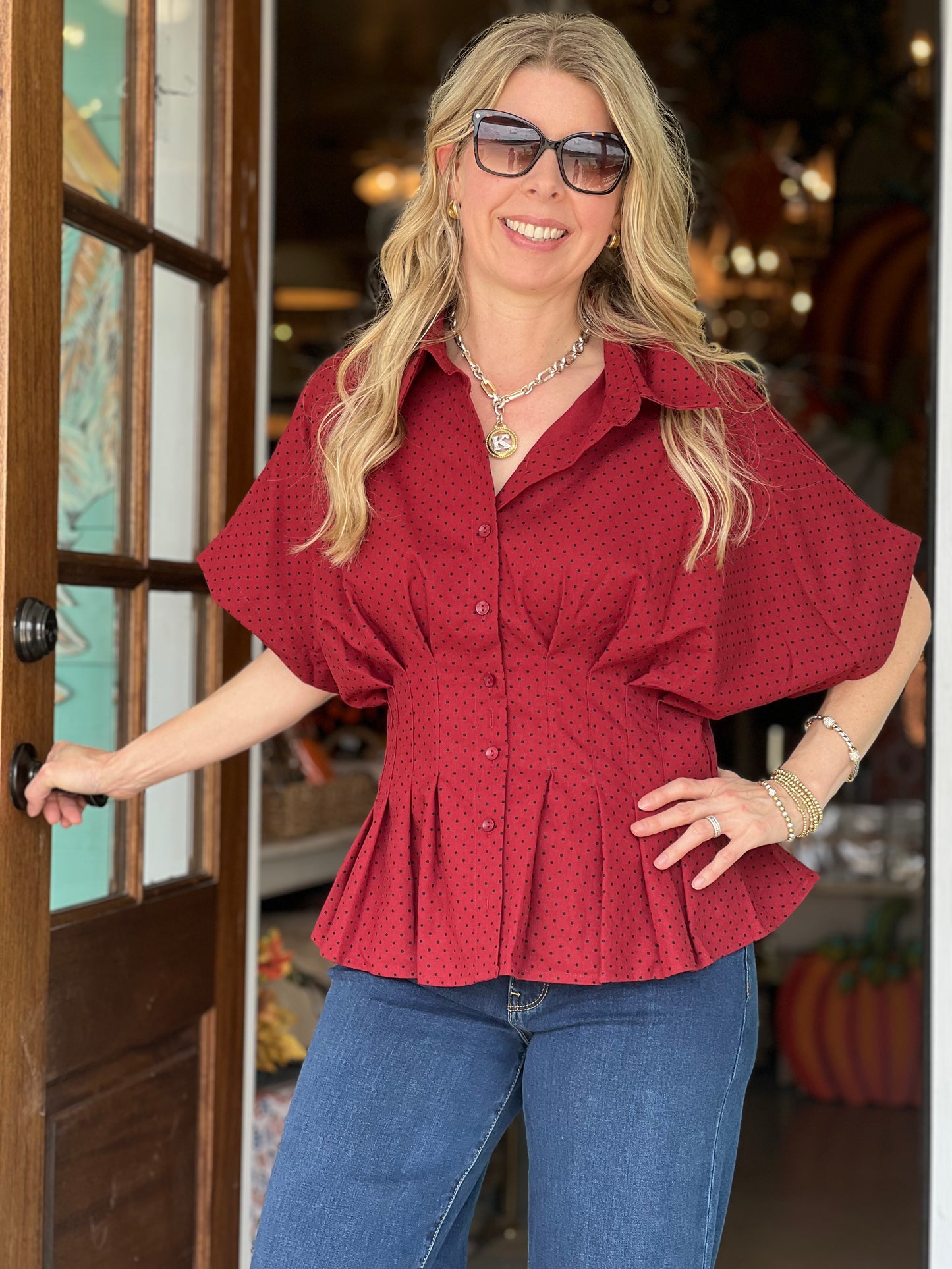 Burgundy & Black Polka Dot Pleat Top
