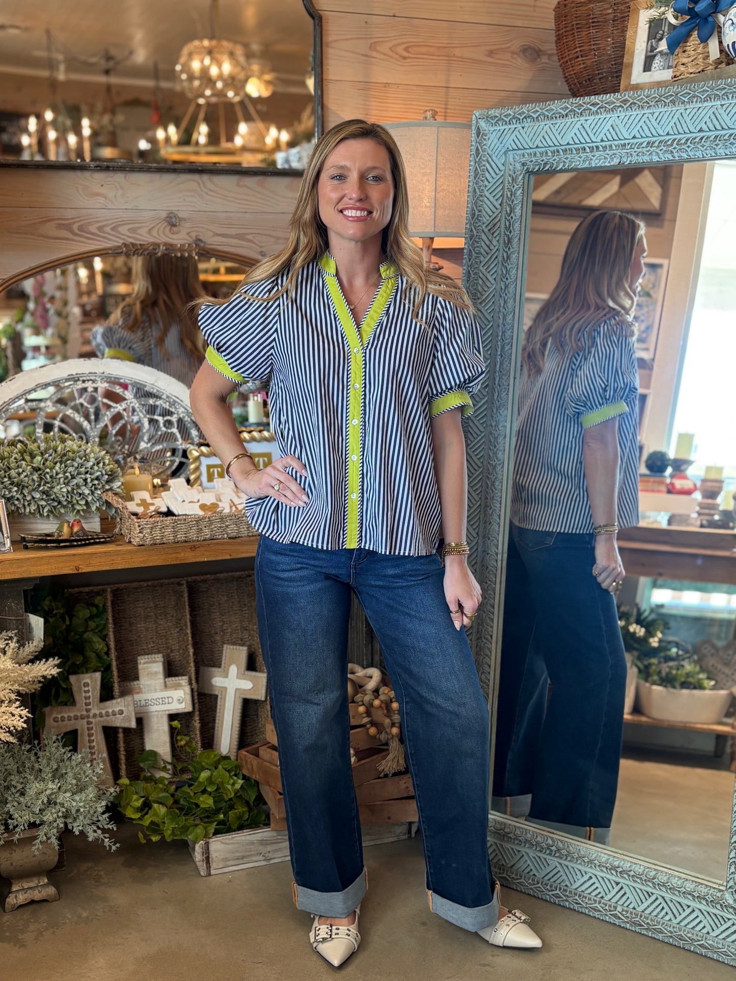 Navy Stripe Lime Detail Top