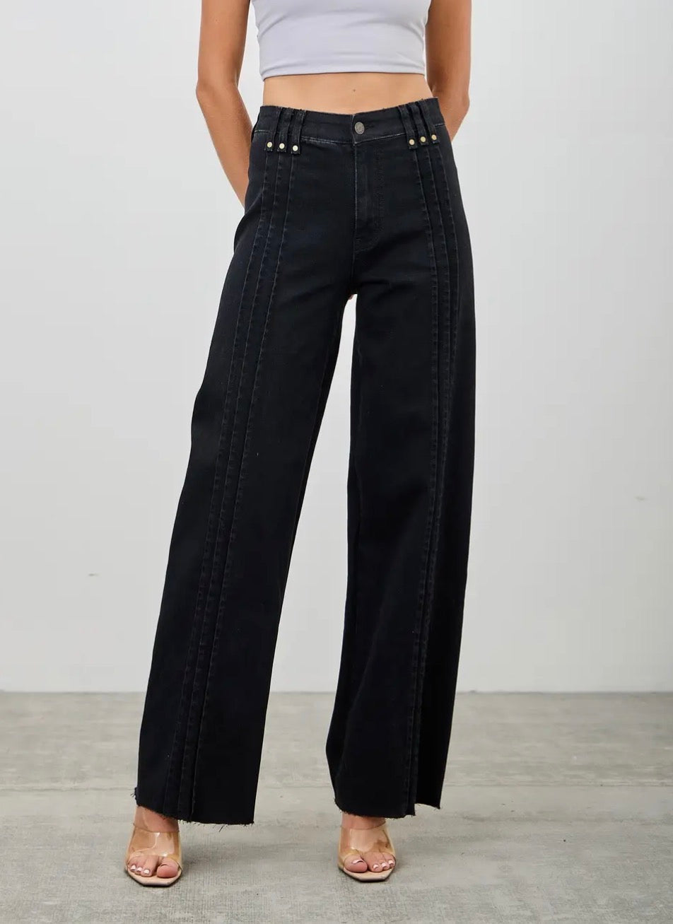 Saige Denim Black HR Straight Front Lines Denim