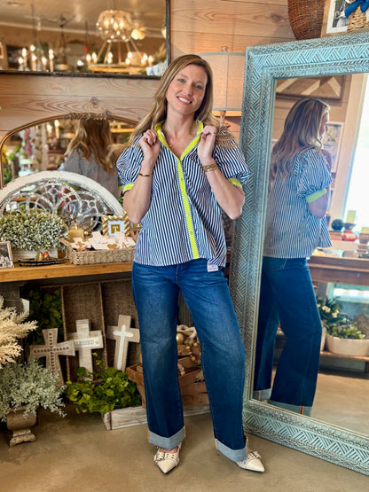 Navy Stripe Lime Detail Top