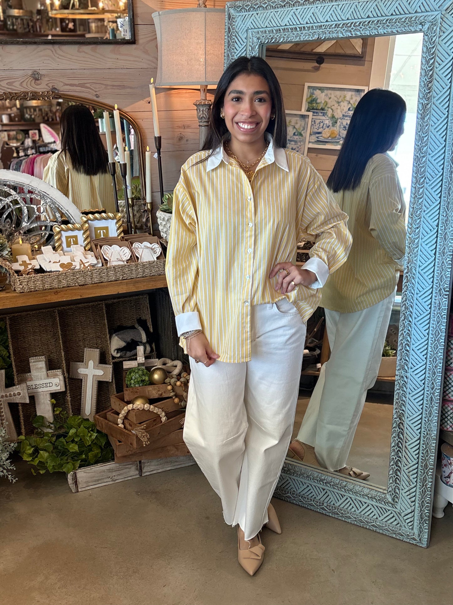 Lemon Stripe Collar Top