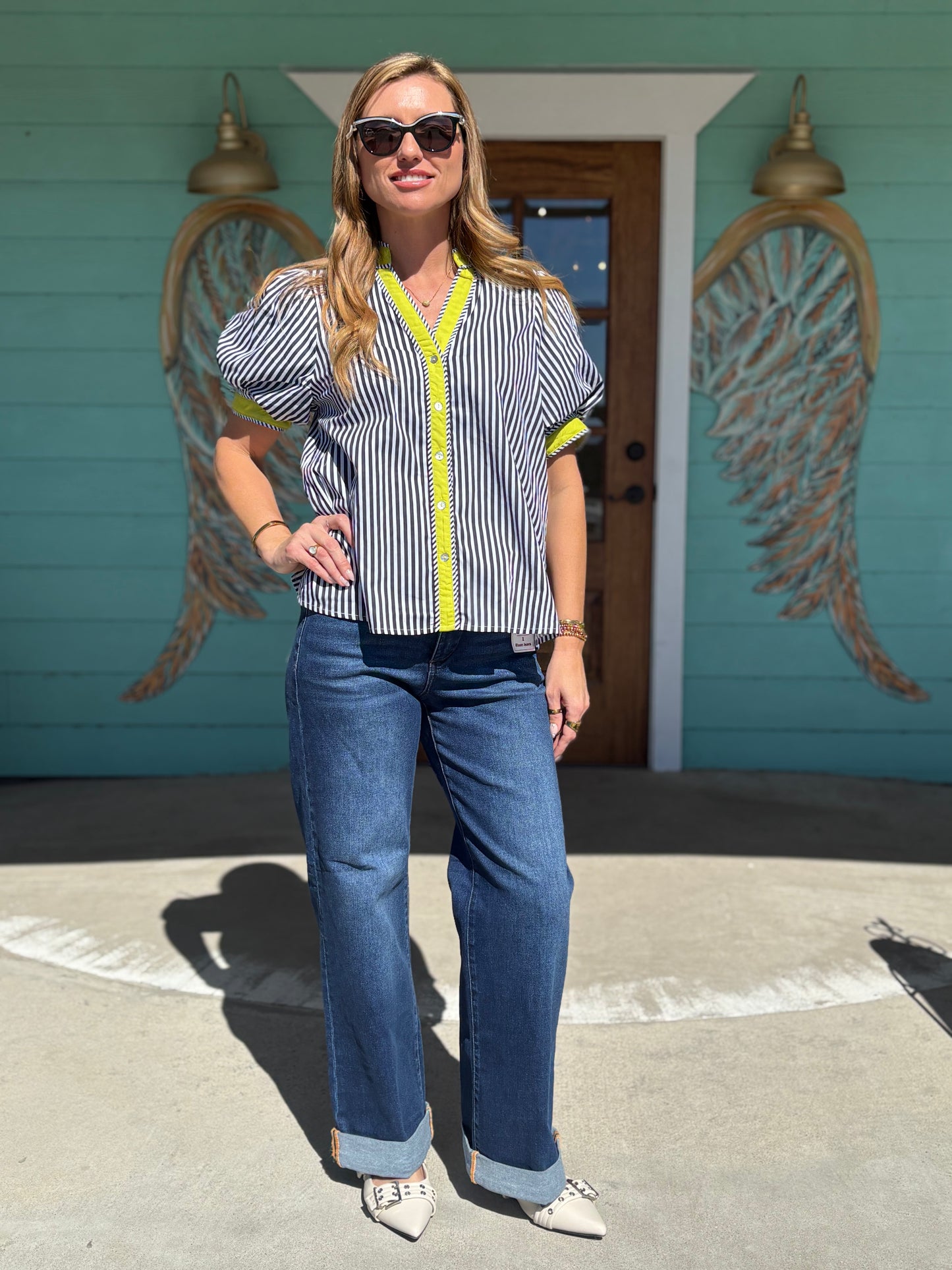 Navy Stripe Lime Detail Top