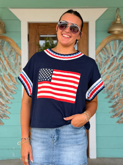 Navy American Flag Stripe Trim Top