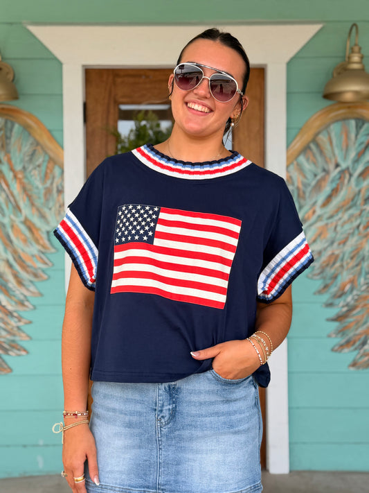 Navy American Flag Stripe Trim Top