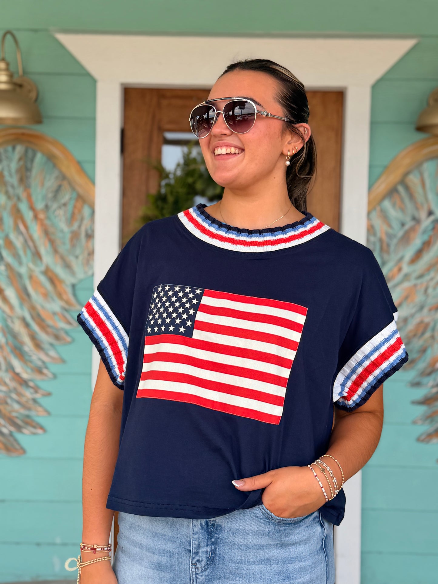 Navy American Flag Stripe Trim Top