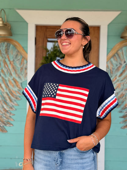 Navy American Flag Stripe Trim Top