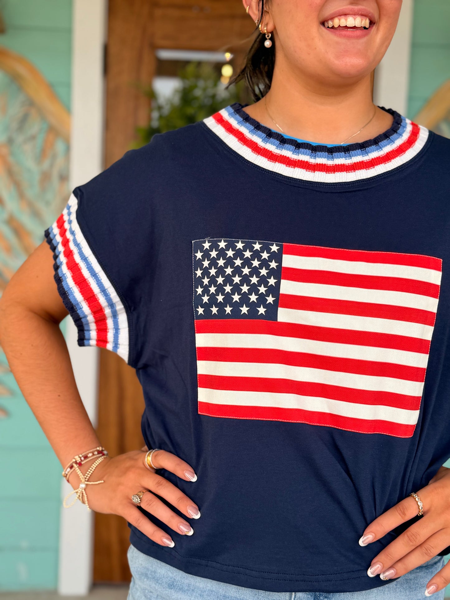 Navy American Flag Stripe Trim Top