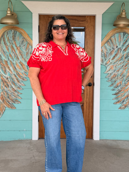 Tomato Red Embroidered Sleeve Cassia Top