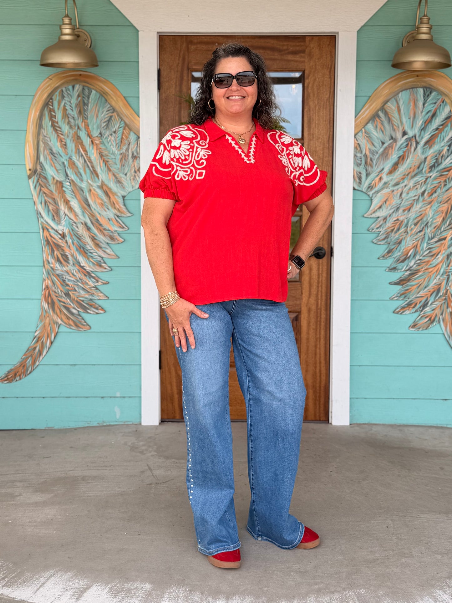 Tomato Red Embroidered Sleeve Cassia Top