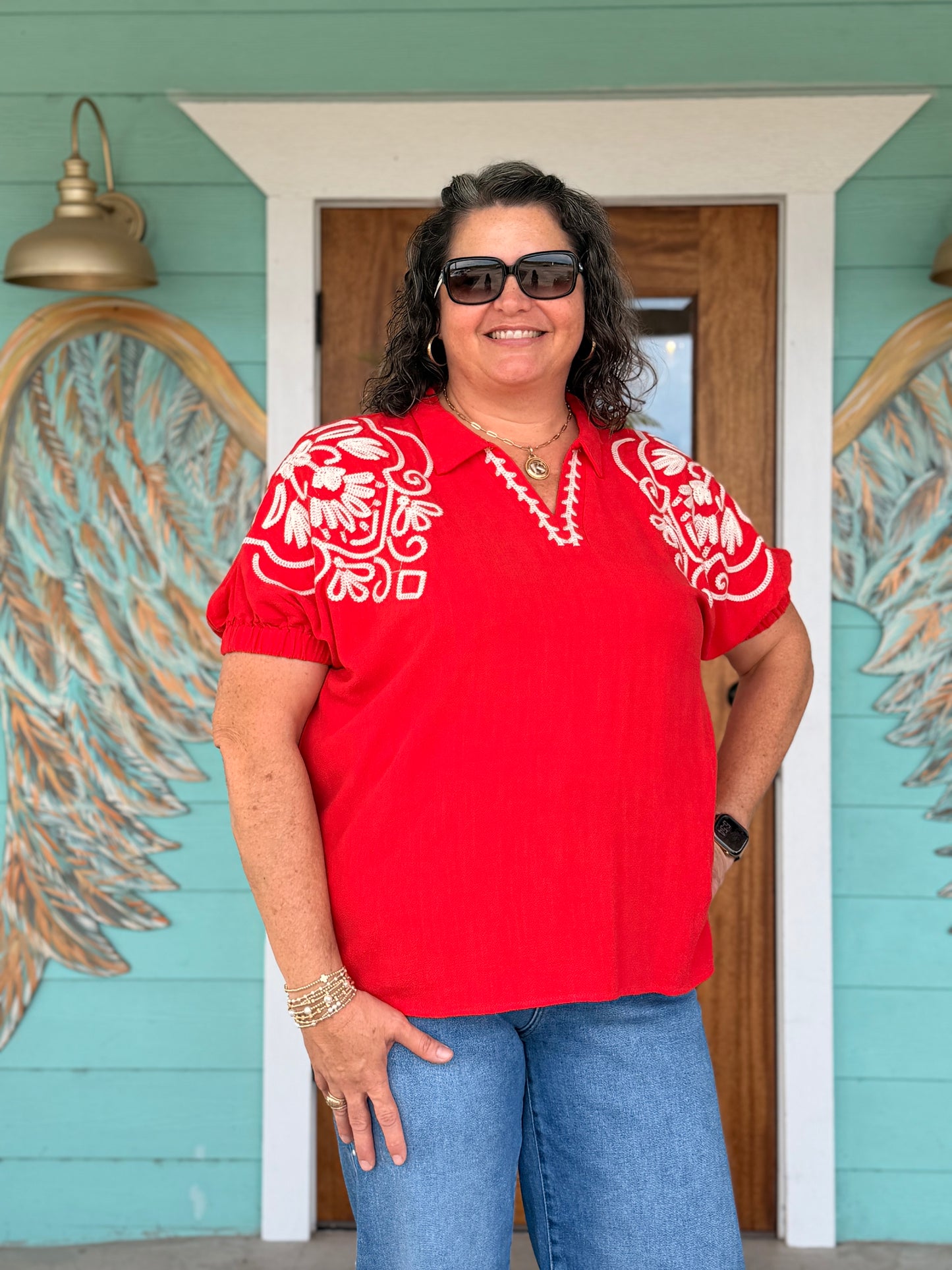 Tomato Red Embroidered Sleeve Cassia Top