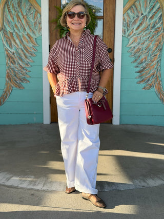 Maroon Gingham Peplum Top
