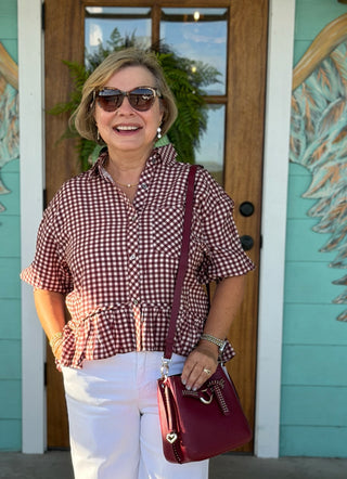 Maroon Gingham Peplum Top