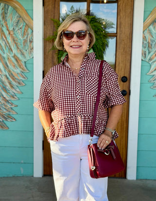 Maroon Gingham Peplum Top
