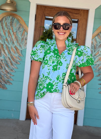 Blue & Green Eyelet Floral Top