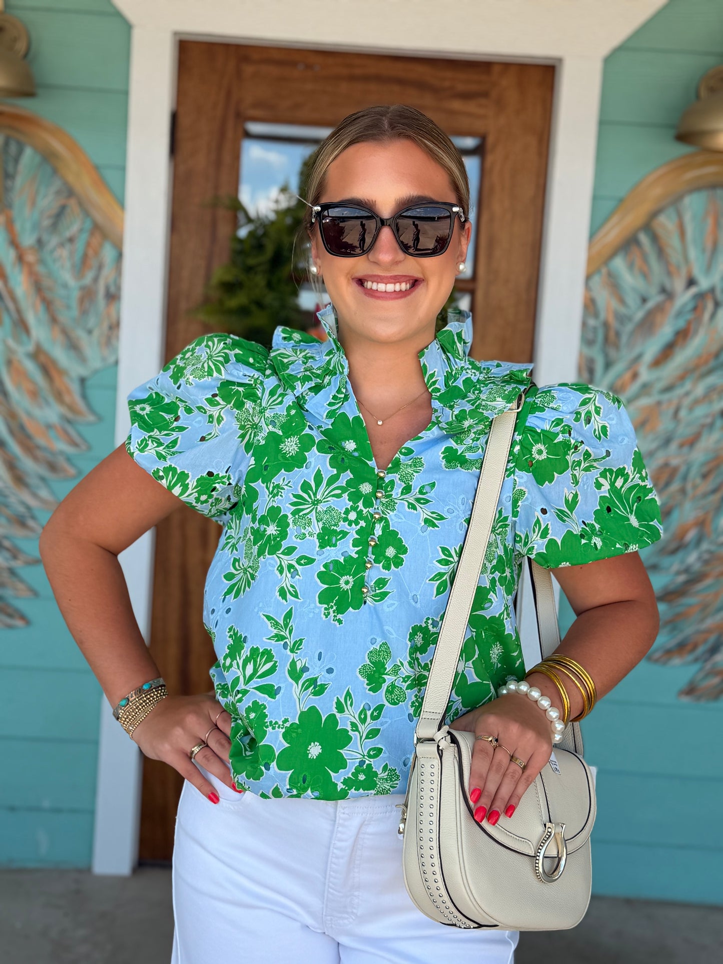 Blue & Green Eyelet Floral Top