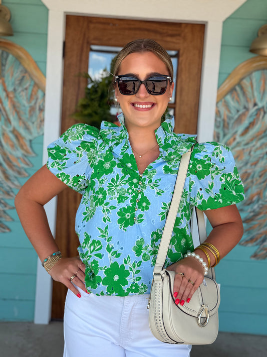 Blue & Green Eyelet Floral Top