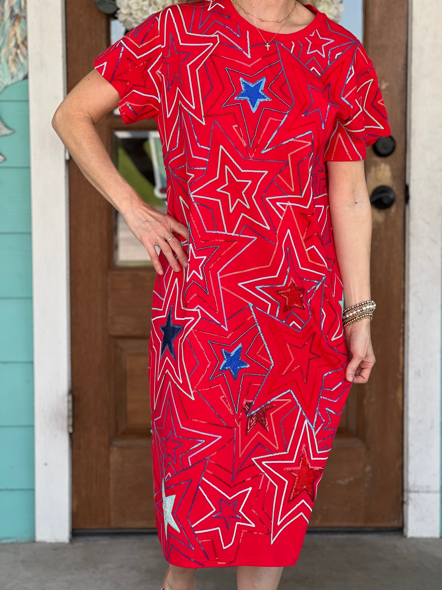 Queen of Sparkles Red Groovy Star Midi Dress