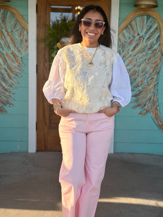 Ivory Contrast Lace Puff Sleeve Top