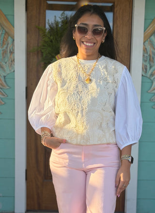 Ivory Contrast Lace Puff Sleeve Top