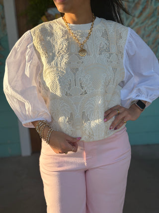 Ivory Contrast Lace Puff Sleeve Top