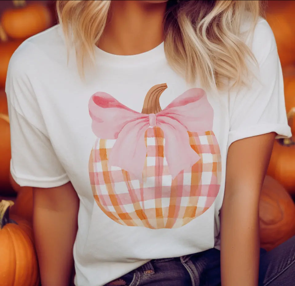 Pumpkin Country Plaid Bow White Tee