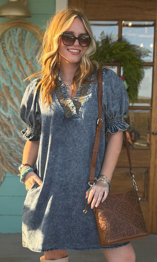 Denim Embroidered V-Neck Dress