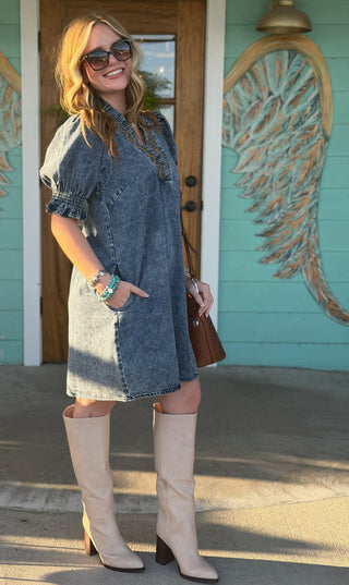 Denim Embroidered V-Neck Dress